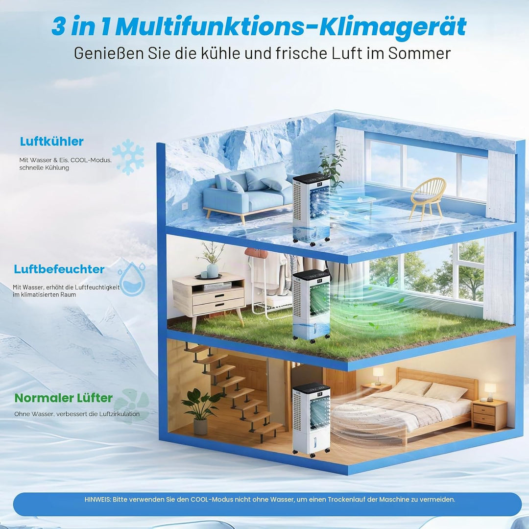 Klimaanlage Mobile, 3 in 1 Klimagerät Tragbarer Luftkühler Luftbefeuchter Verdunstungs Lüfter mit 8L
