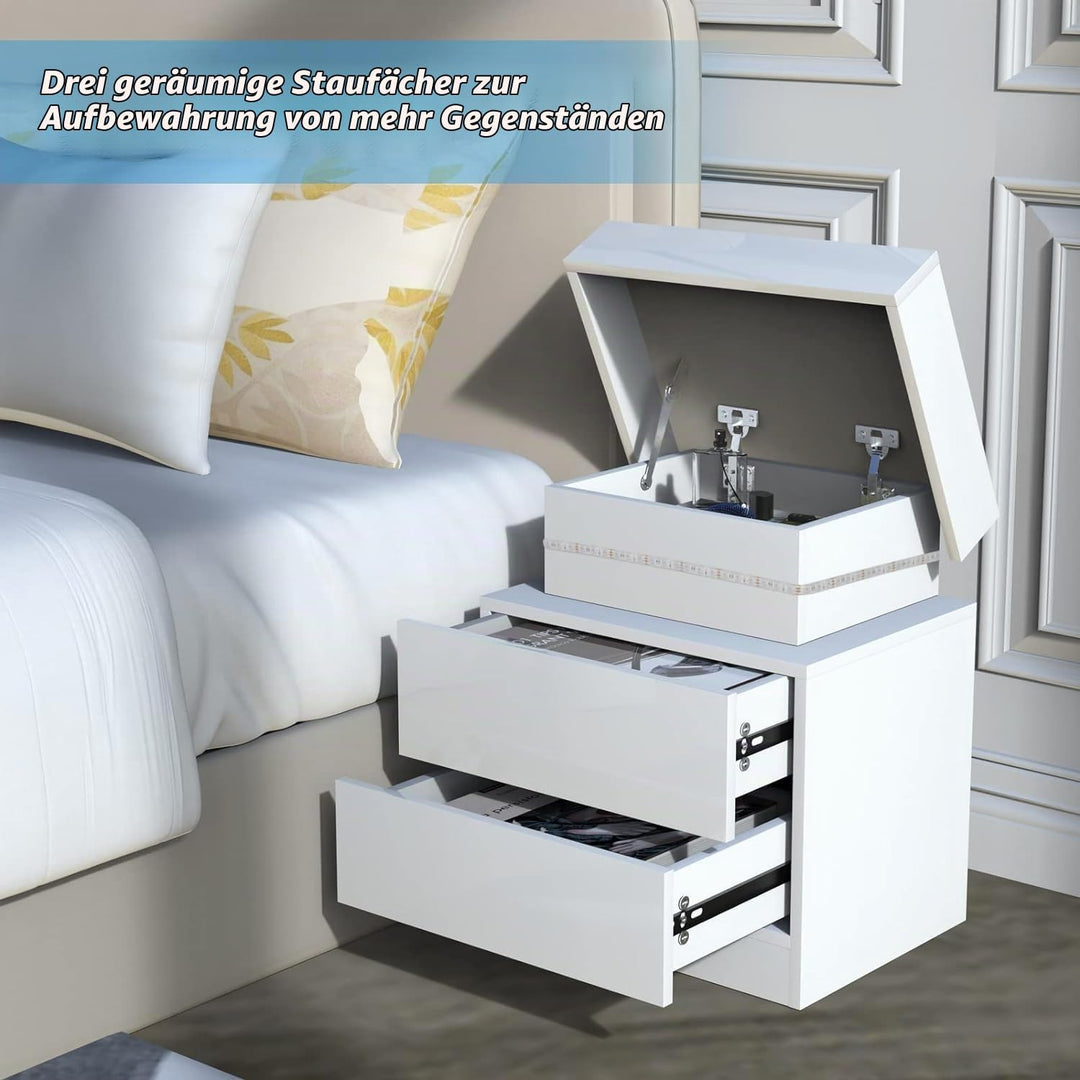 Lvhecforhm Nachtschrank Weiss, Hochglanz Nachttisch, Modern Nachttisch 2 Schubladen, Nachtischschrän