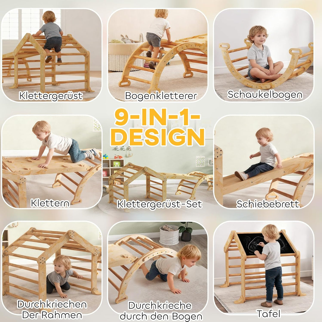 AIYAPLAY 9-in-1 Montessori Klettergerüst Indoor Holz Kletterdreieck mit Rutsche, Kletterbogen, Rampe