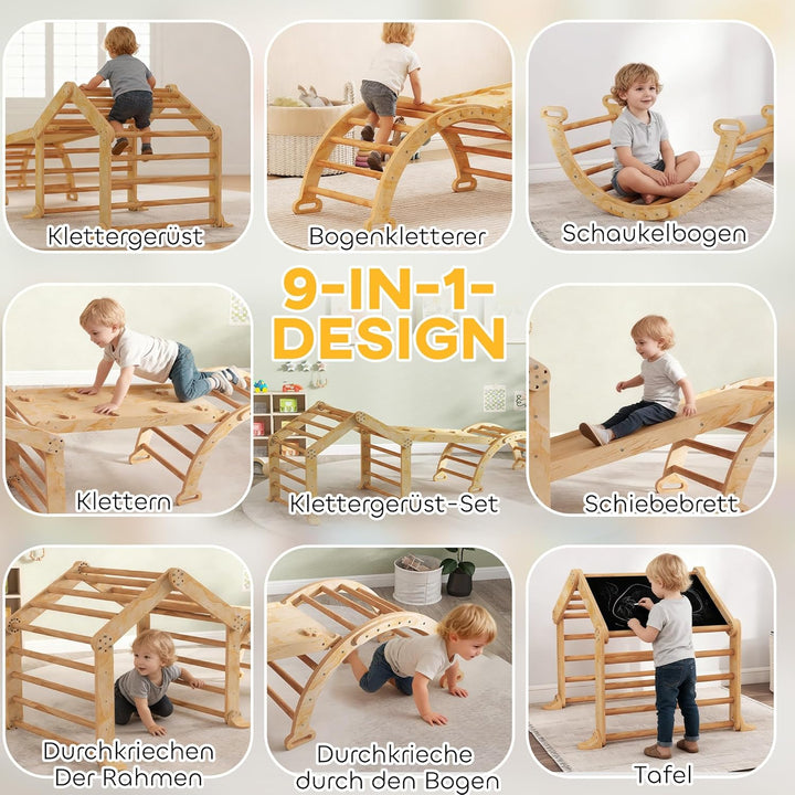 AIYAPLAY 9-in-1 Montessori Klettergerüst Indoor Holz Kletterdreieck mit Rutsche, Kletterbogen, Rampe