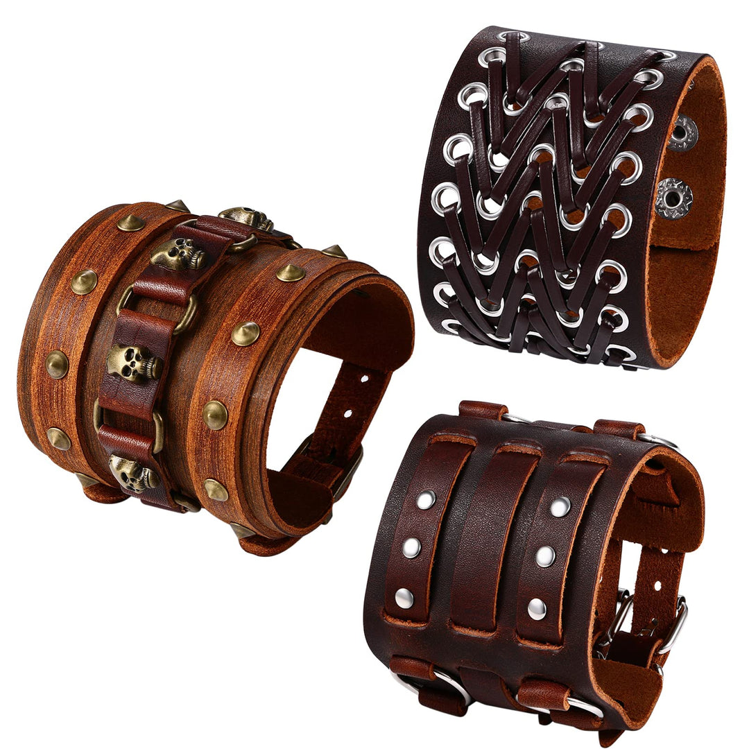 OIDEA 3PCS Herren Leder Armband Set (Punk Rock Stil 4.1cm-5cm Breite Gross geflochtene handgefertigt