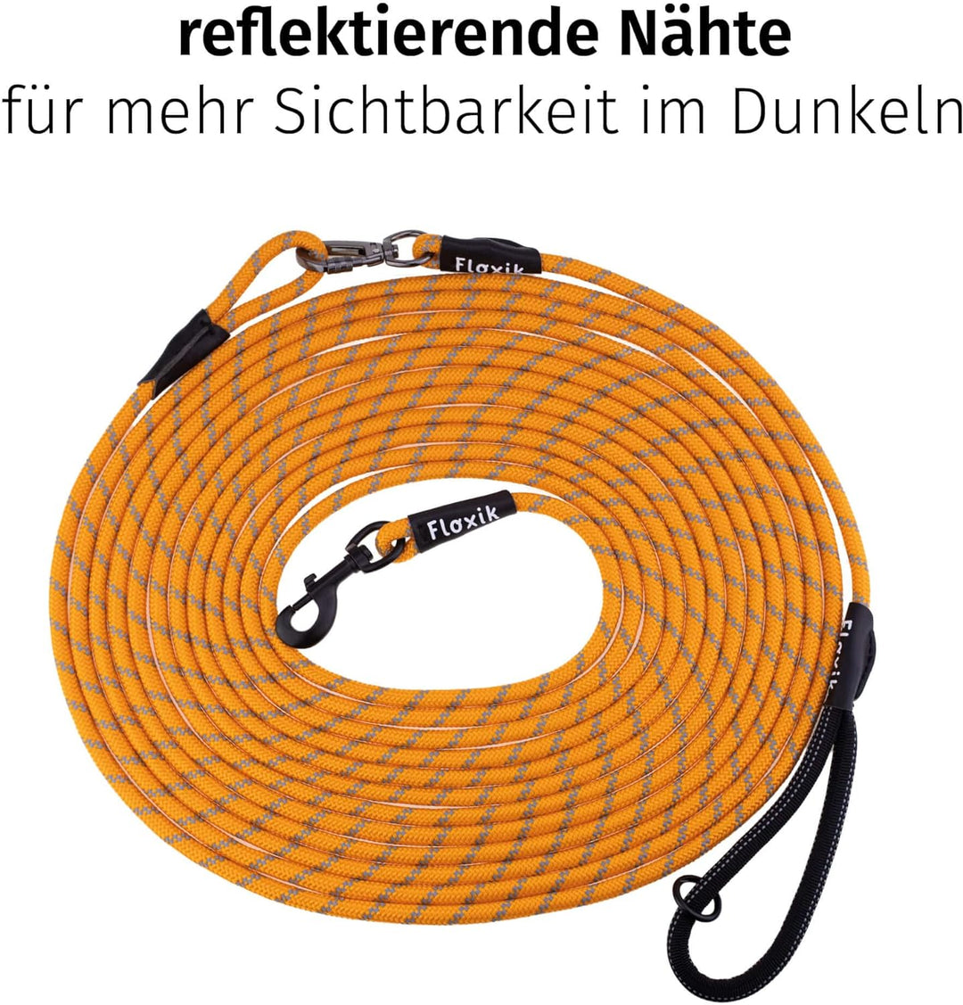 Floxik Schleppleine für Hunde | 5m, 10m, 15m, 20m orange | reflektierende Tauleine mit Abnehmbarer H