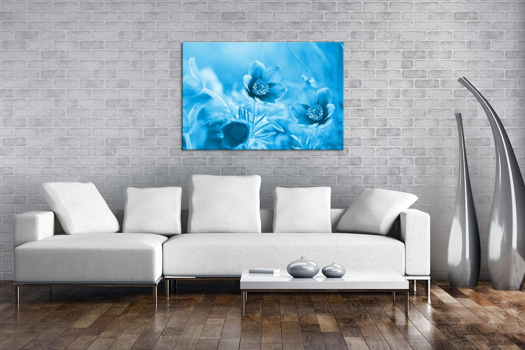 deyoli bezaubernde Blumen Format 80x60 Effekt: Monocrome Blau als Leinwandbild, Motiv fertig gerahmt