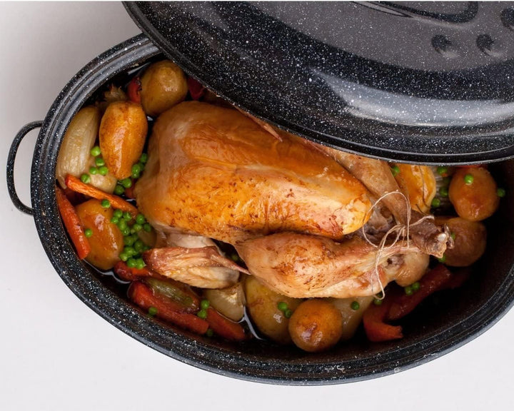 GRANITEWARE - Roaster Bräter aus emailliertem Stahl - Medium - Edelstahlrost + Rezeptbuch
