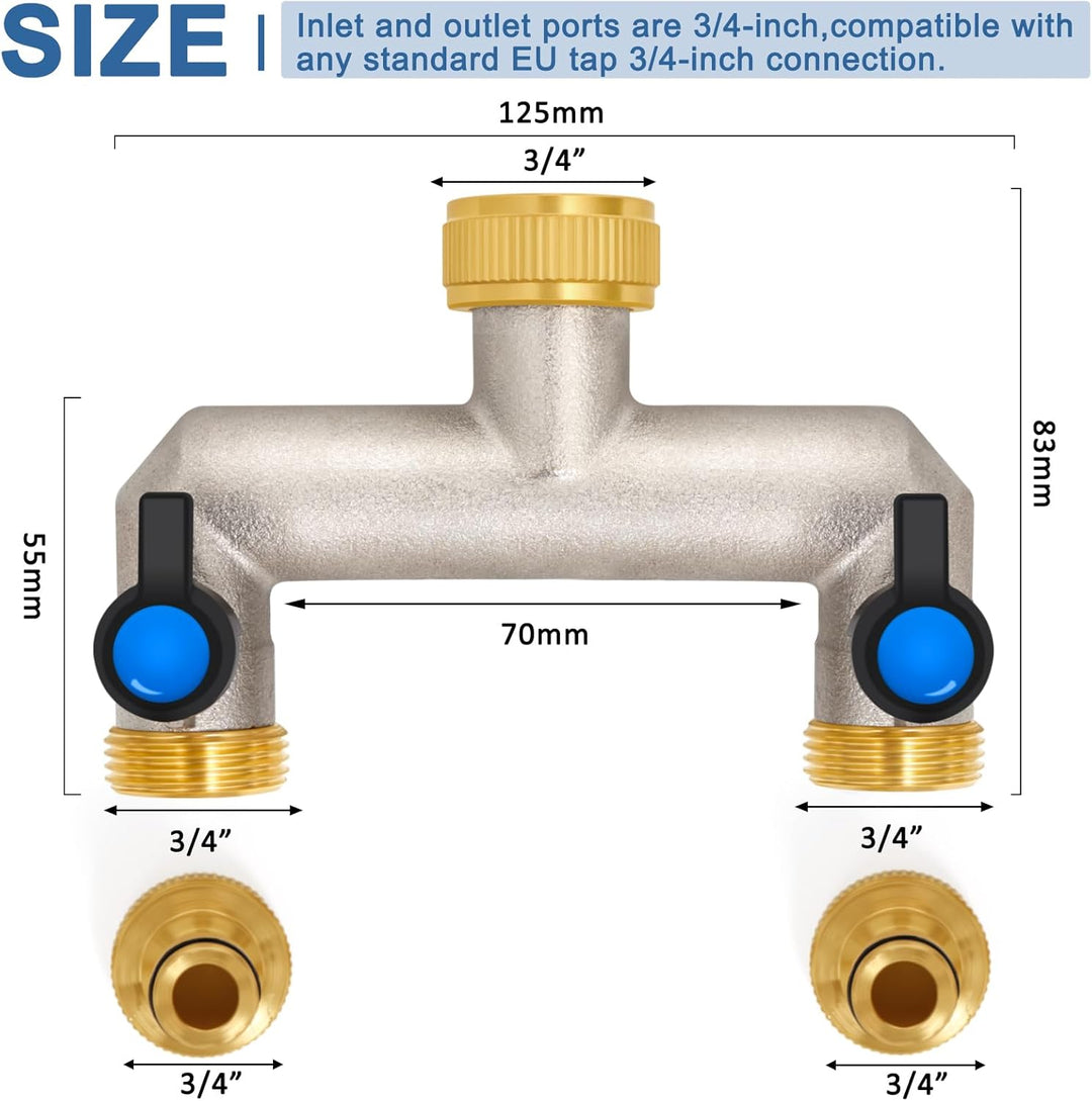 2-Wege Wasserhahn Wasserverteiler aus Messing für 2 Geräte/Gartenschläuche, 2er Verteiler 3/4" Adapt
