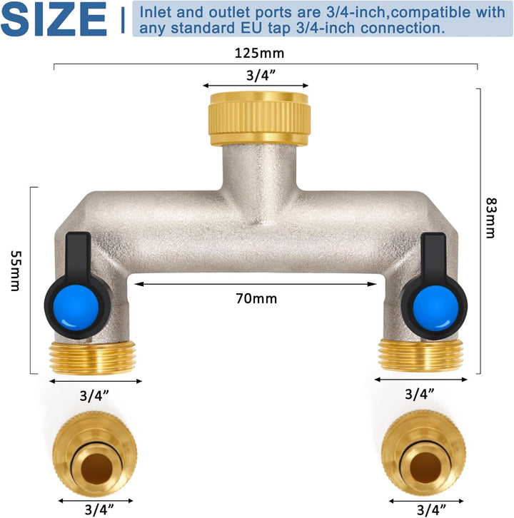 2-Wege Wasserhahn Wasserverteiler aus Messing für 2 Geräte/Gartenschläuche, 2er Verteiler 3/4" Adapt