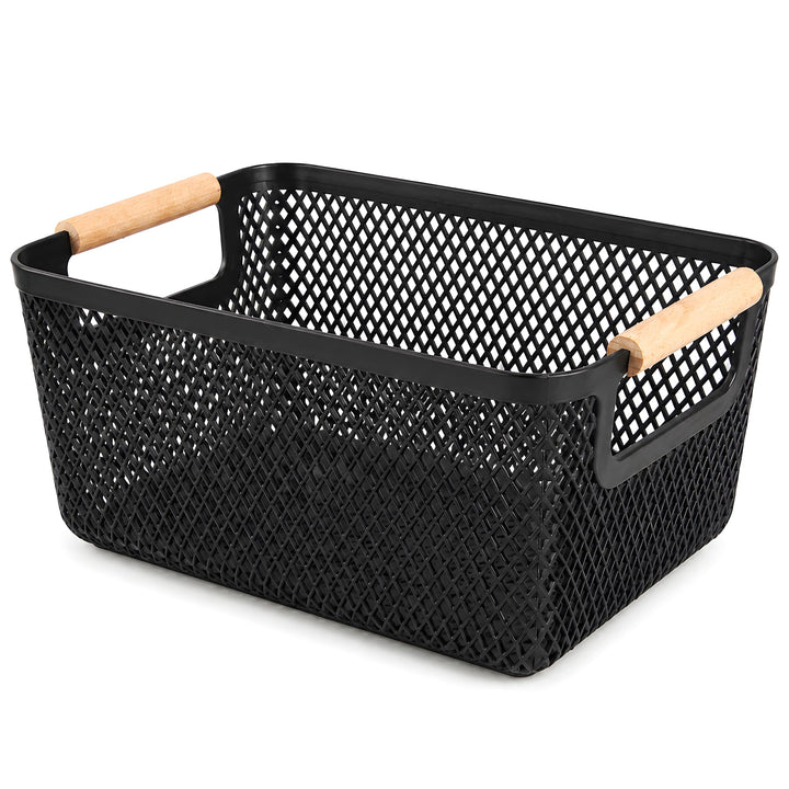 Aufbewahrungsbox Kunststoff Schwarz 6er Set, Kunststoff-Netzkörbe mit Holzgriff, offene Organizer Bo