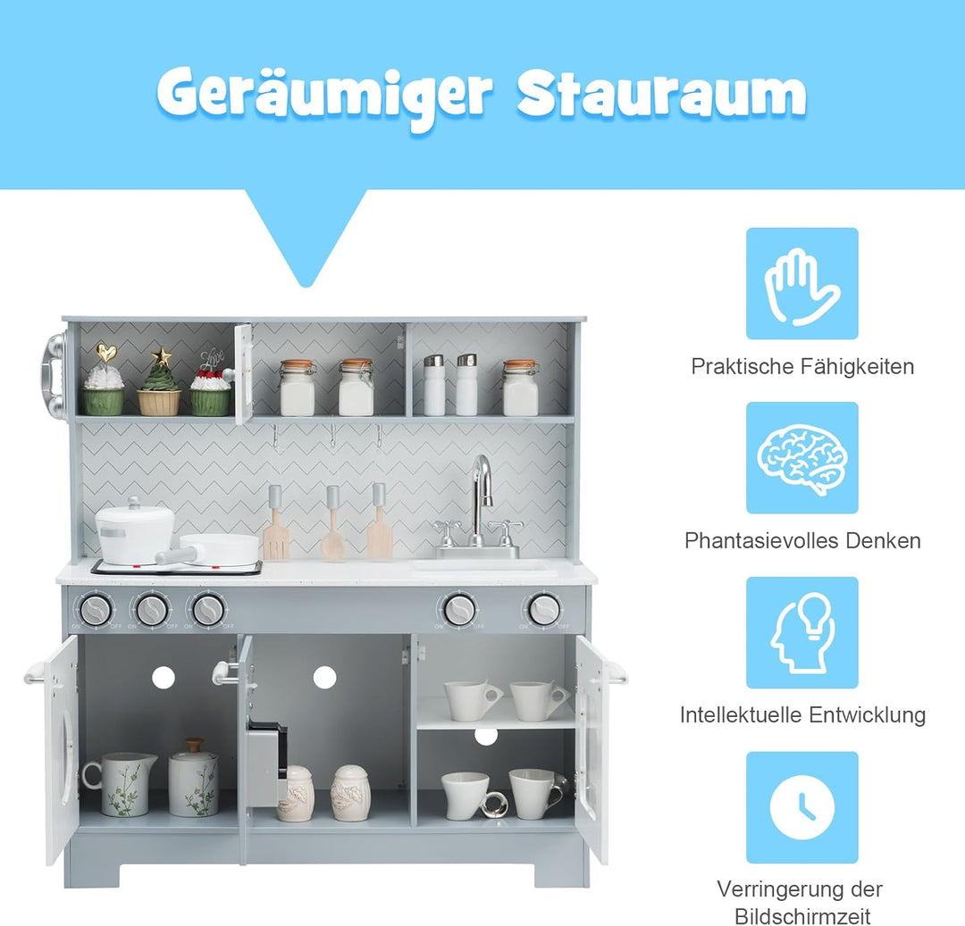 COSTWAY Kinderküche mit Spielzubehör, Licht und Sound, Kinder Spielküche Holz mit Mikrowelle & Wasse