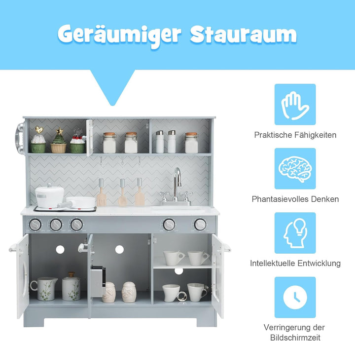 COSTWAY Kinderküche mit Spielzubehör, Licht und Sound, Kinder Spielküche Holz mit Mikrowelle & Wasse