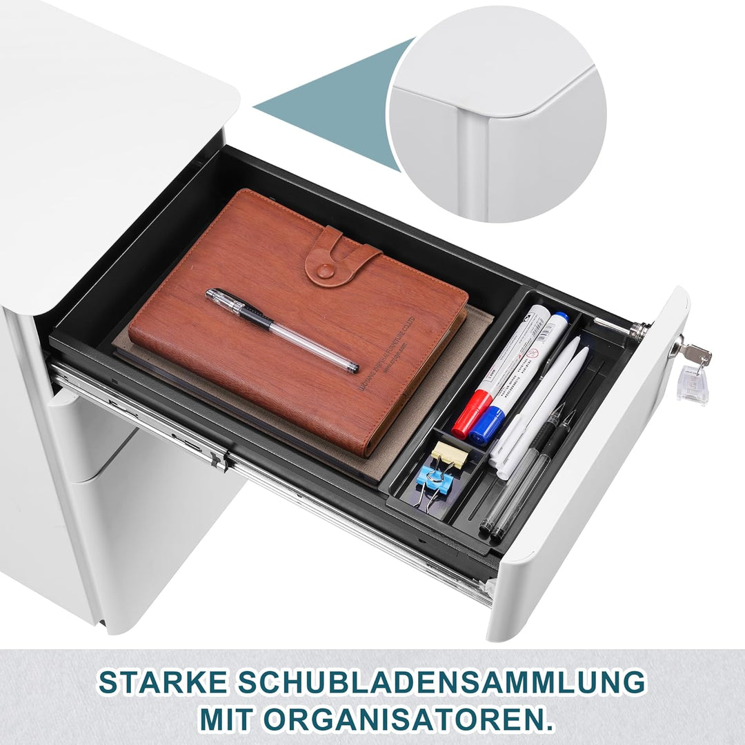 LVSTEEL Rollcontainer, Aktenschrank, Schubladenschrank, Büroschrank aus Metall, Vormontiert, Abschli