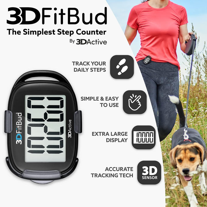 3DFitBud Einfacher Schrittzähler 3D von 3DActive mit Clip Lanyard Präziser Schrittzähler Grosses Dis