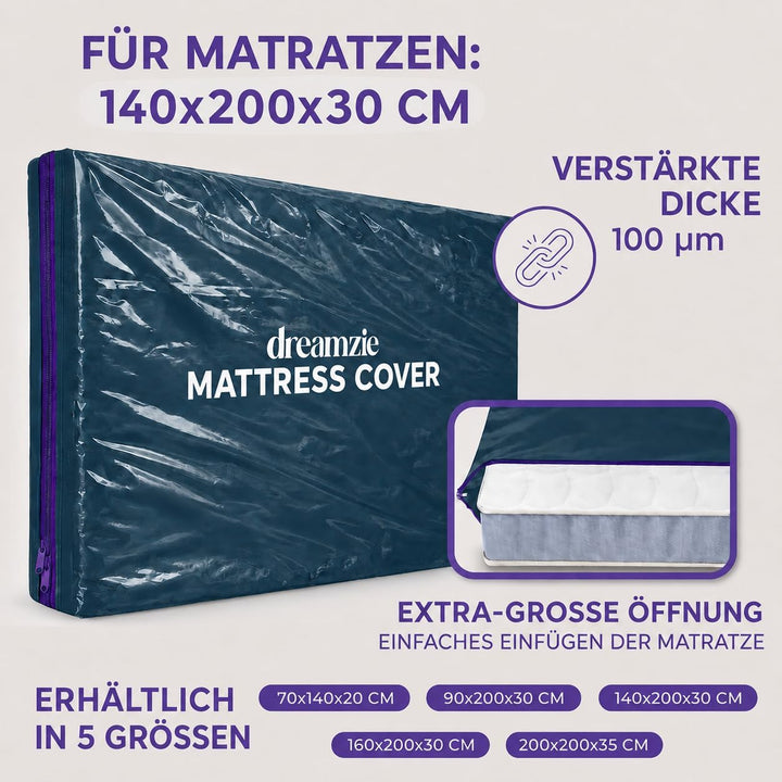 Dreamzie Matratzenhülle 140x200 cm (Dicke 30cm) Blickdicht aus Kunststoff, reissfestes Material, Mat