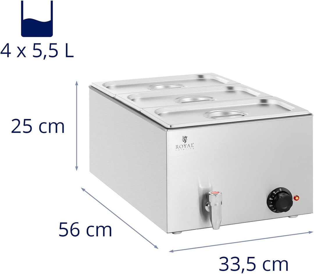 Royal Catering RCBM_GN1/3 Bain Marie 600 W 3 GN 1/3 Ablasshahn Wasserbad Speisenwärmer