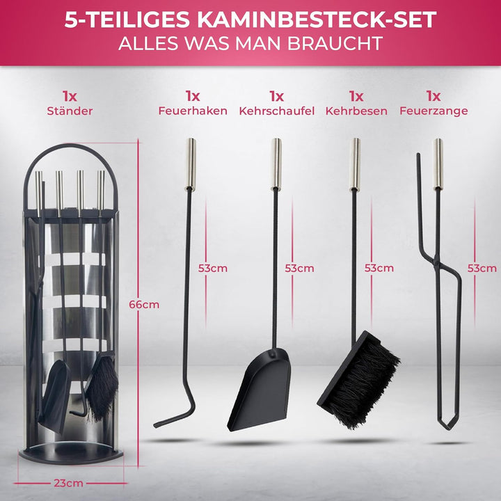 SULENO Kaminbesteck LONDON 5-teilig Kamingarnitur mit Ascheschaufel Besen Schürhaken, Kaminset & Hal