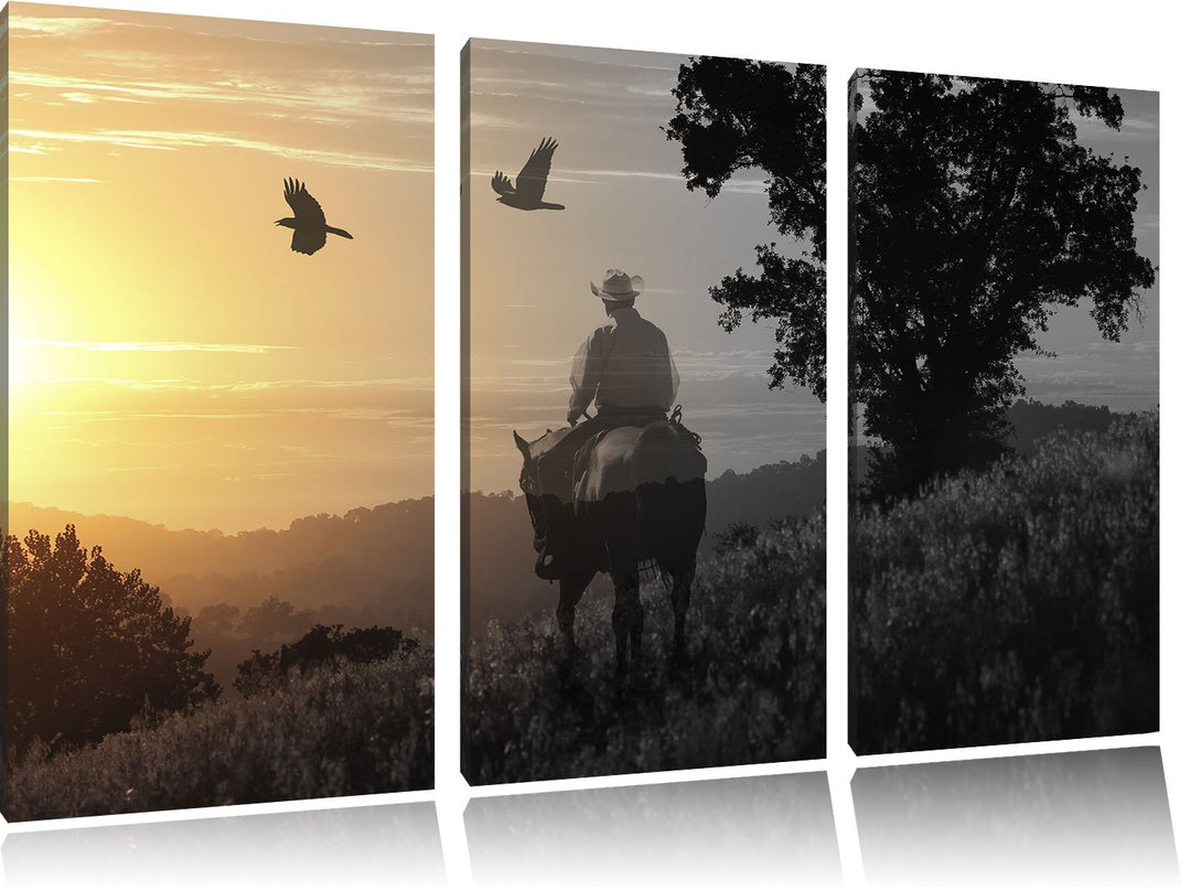 Pixxprint EIN Cowboy im Sonnenuntergang als Leinwandbild | Grösse: 3 Teilig (120x80) | Wandbild| Kun