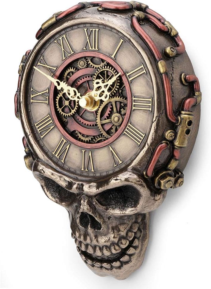 Veronese Design Wanduhr, Steampunk, flach, Totenkopf, mechanisch, zum Aufhängen, Antik-Bronze-Finish