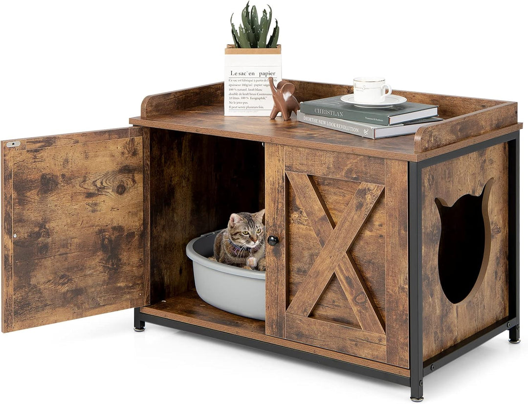 GOPLUS 2 in 1 Katzenschrank, Katzenklo mit Doppeltüren, verstellbaren Füsse und Katzenlöchern, verst