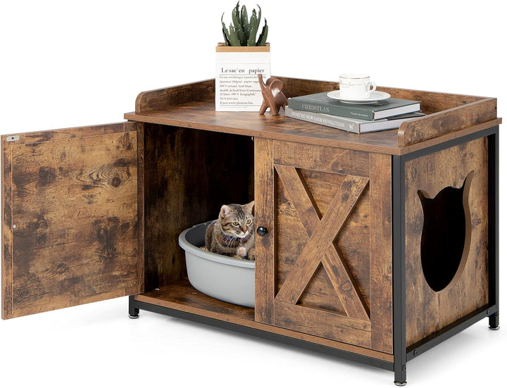 GOPLUS 2 in 1 Katzenschrank, Katzenklo mit Doppeltüren, verstellbaren Füsse und Katzenlöchern, verst