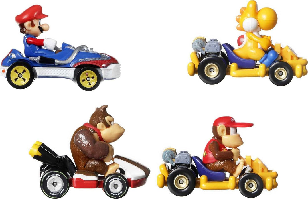 Hot Wheels HDB22 - Mario Kart-Fahrzeug (4er-Pack), Set mit 4 beliebten Figuren, darunter 1 Exklusive