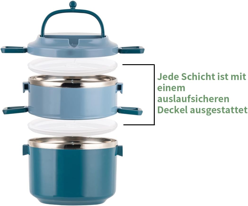 SANQIAHOME 2 Schichten Mehrschichtige stapelbare Edelstahl-Lunchbox,Auslaufsicher,blau Blau 2 Schich