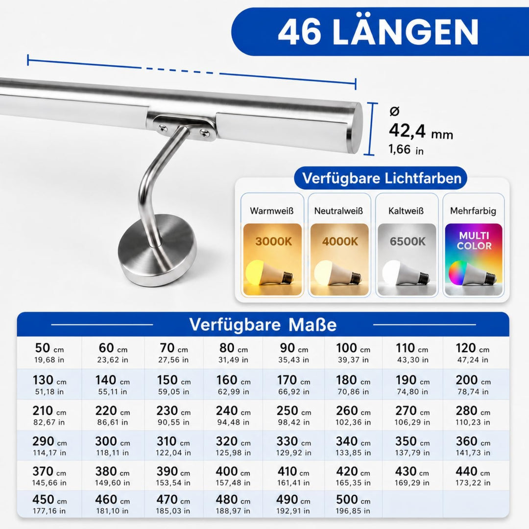 Handlauf für Treppen aus Edelstahl | Handlauf mit warmweissen LEDs kaltweiss kaltweiss mehrfarbig Vo