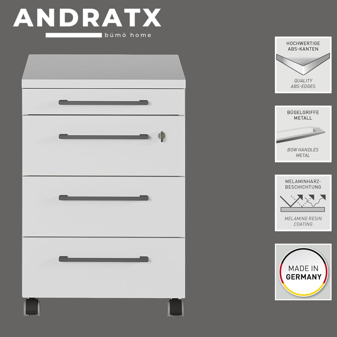 bümö Andratx Rollcontainer mit Schubladen, Container abschliessbar aus Holz in grau - Rollwagen für'