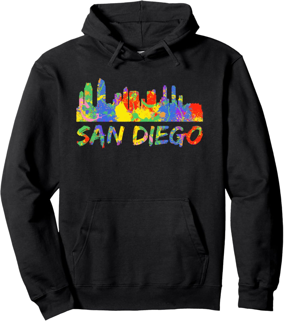 San Diego City Skyline Artwork CA Colorful San Diego Skyline Pullover Hoodie