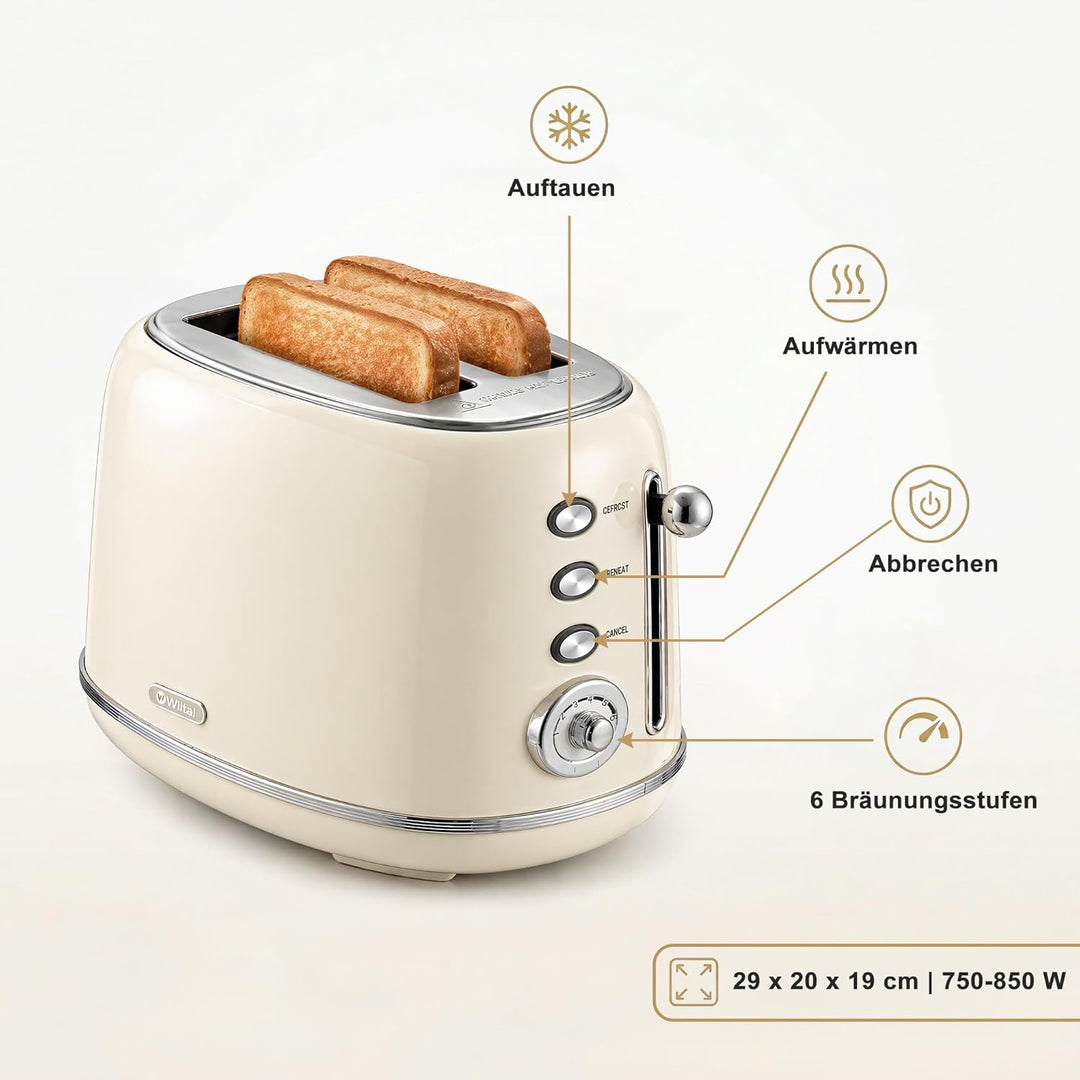 Retro Toaster 2 Scheiben Edelstahl – Brötchenaufsatz, 6 Röststufen, Vorheiz- und Auftaufunktion, Abs