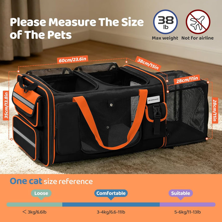 Odoland Katzentransportbox für 2 grosse Katzen 60×38×35cm - Faltbar Erweiterbarer Transporttasche Ka