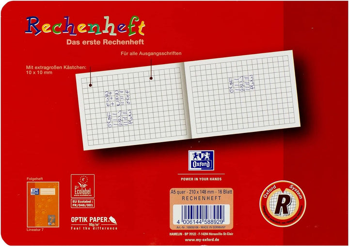 Oxford Rechenheft, A5 quer, Lineatur R (1. Klasse), rot, 10 Stück