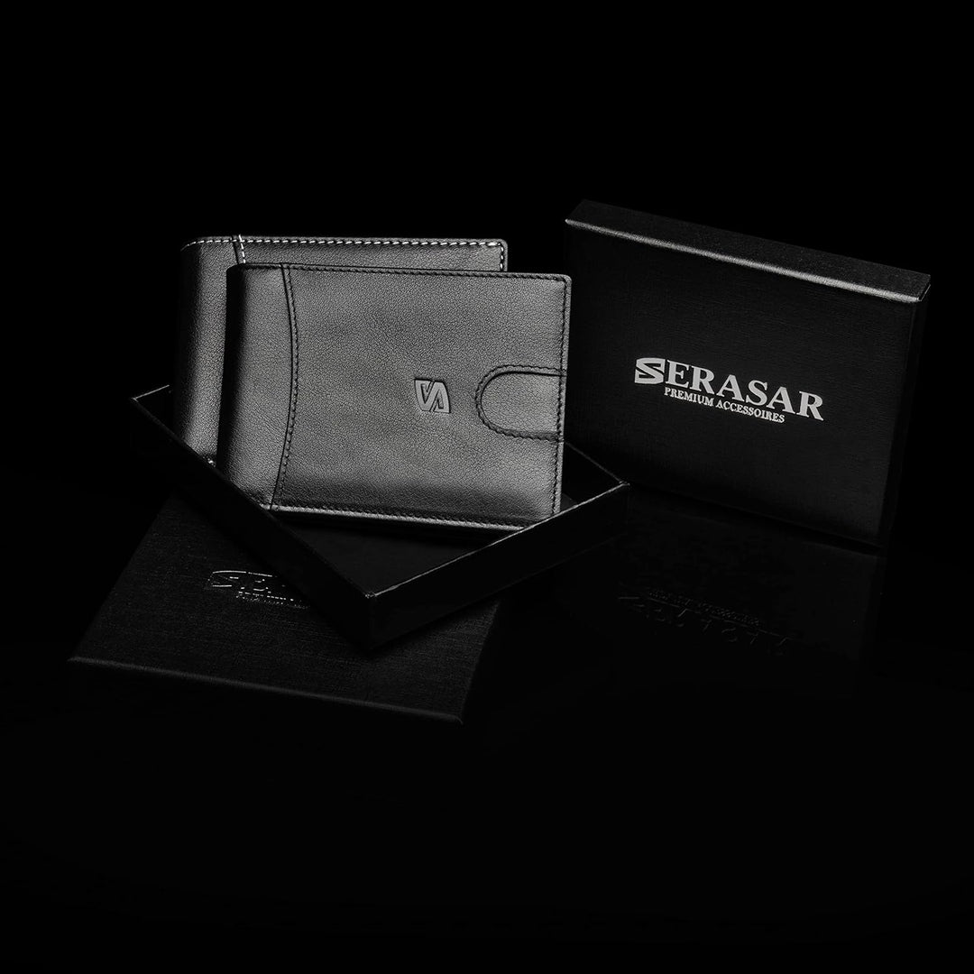 SERASAR | Premium Wallet [Clever] für Herren in schwarz aus Echtleder | 11 Kartenfächer | Wahlweise