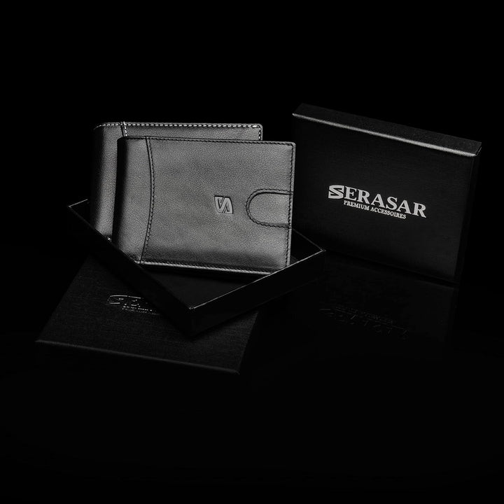 SERASAR | Premium Wallet [Clever] für Herren in schwarz aus Echtleder | 11 Kartenfächer | Wahlweise