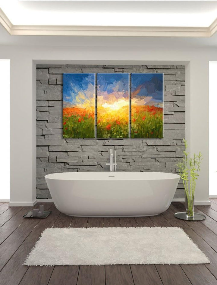Pixxprint Blühende Mohnwiese in der Sonne Pinsel Effekt 3-Teiler Leinwandbild 120x80 Bild auf Leinwa