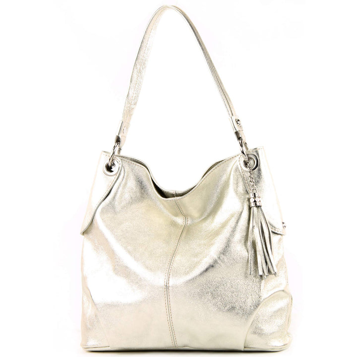 modamoda de T185 Damen Leder Schultertasche, handmade in Italy Lightgold, Lightgold