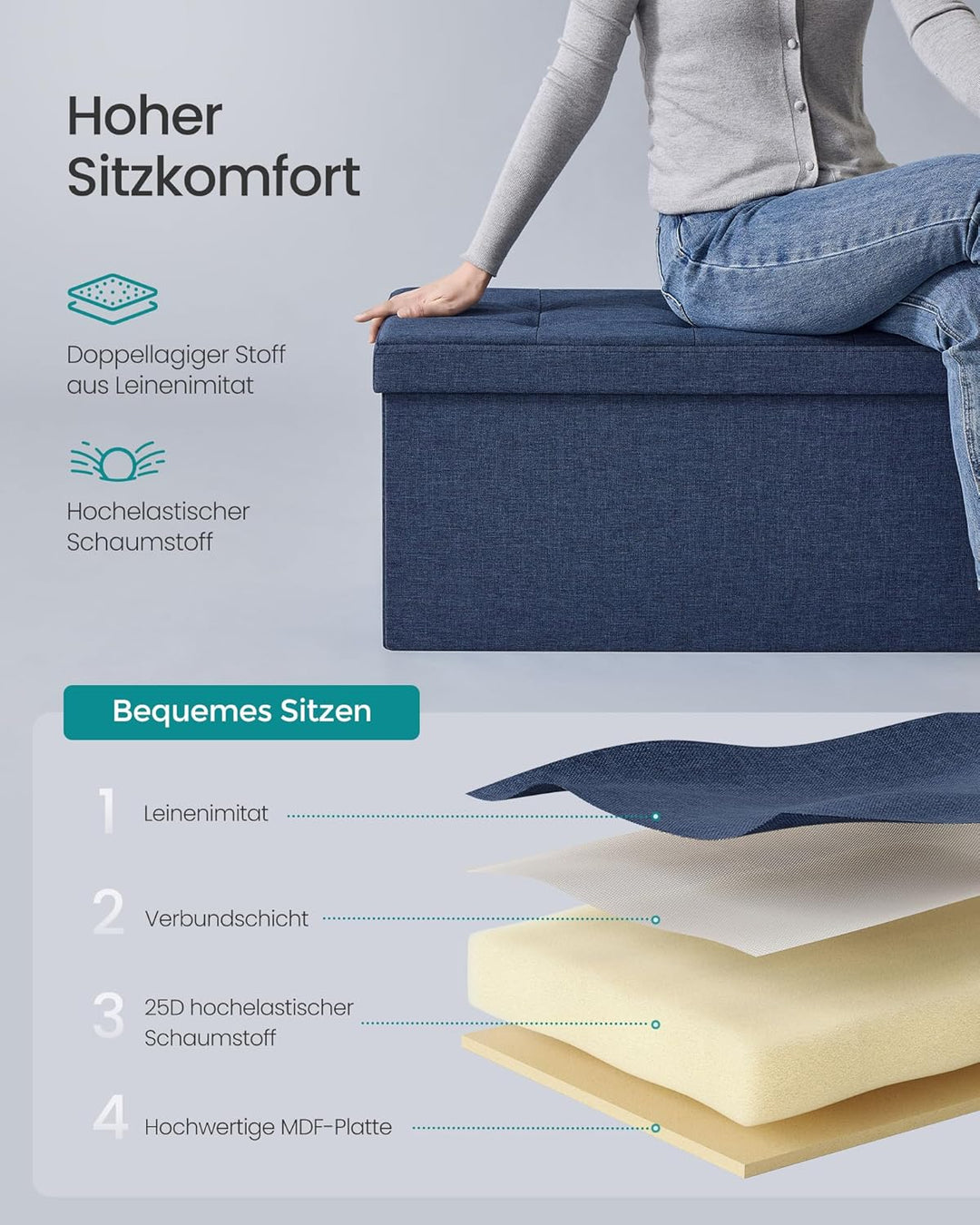SONGMICS Sitzhocker mit Stauraum, klappbare Sitzbank, 38 x 76 x 38 cm Fussbank, Aufbewahrungsbox, bi