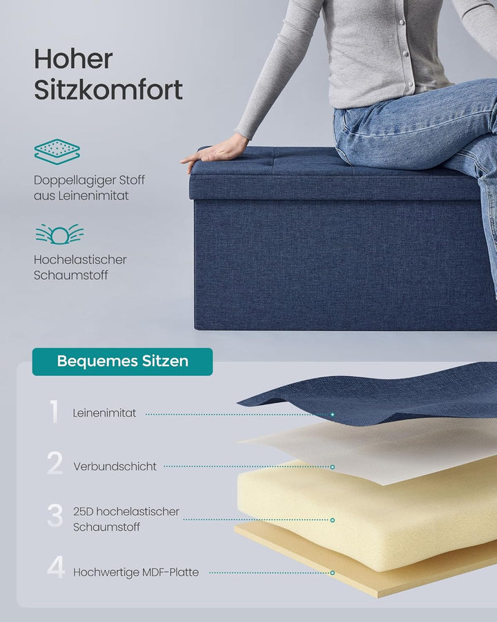 SONGMICS Sitzhocker mit Stauraum, klappbare Sitzbank, 38 x 76 x 38 cm Fussbank, Aufbewahrungsbox, bi