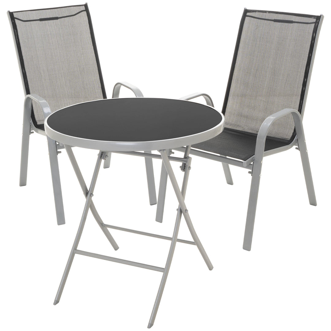 Nexos Trading Bistroset Balkonset – Gartengarnitur Sitzgarnitur aus Glastisch & Stapelstuhl – Stahlg