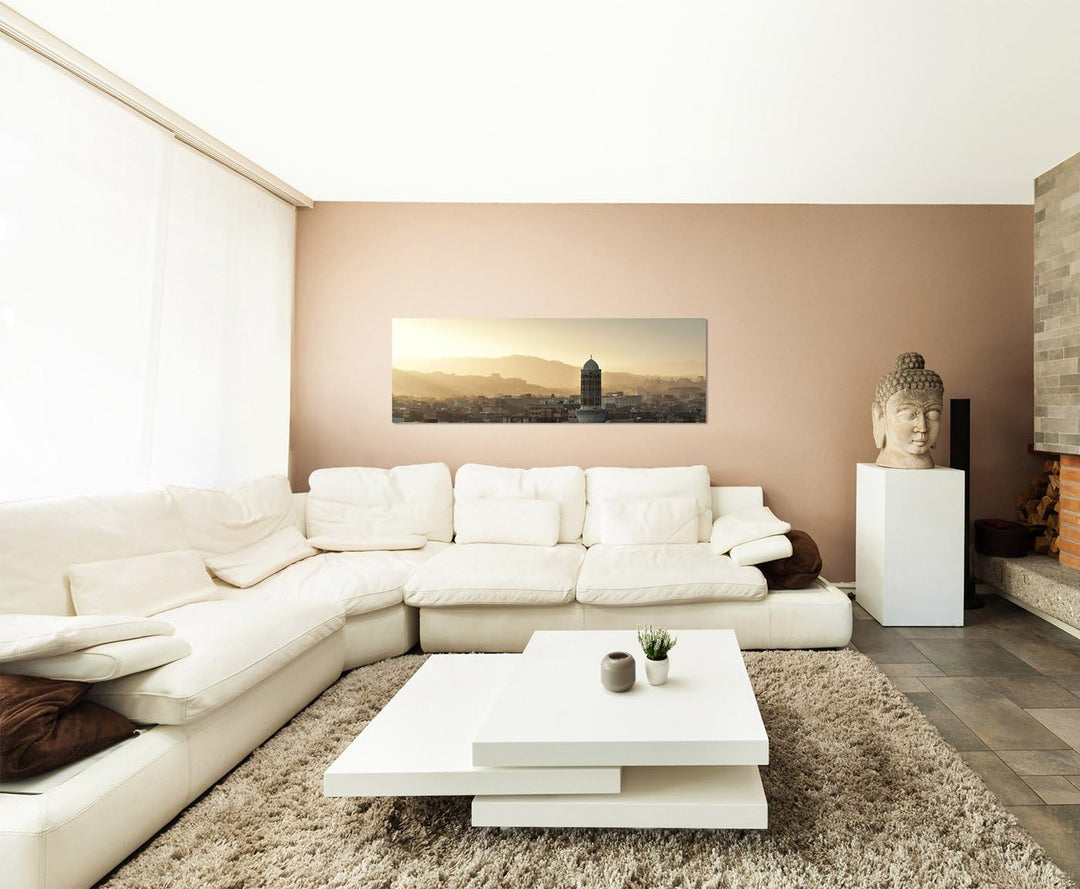 Paul Sinus Art Panoramabild auf Leinwand und Keilrahmen 120x40cm Jemen Sanaa Gebäude Sonnenuntergang