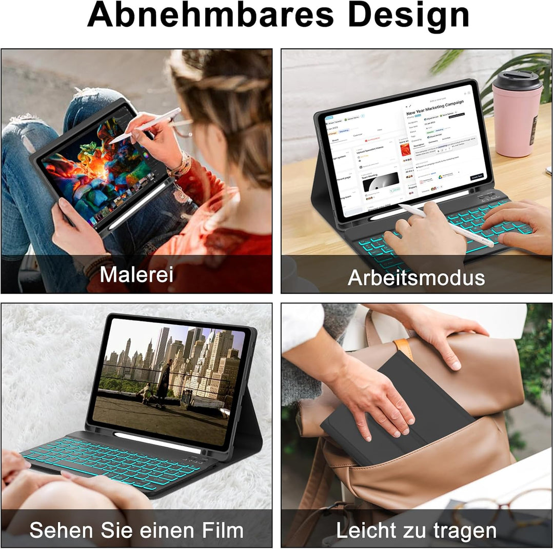 Tastatur Hülle für Lenovo Tab M11 2024, Deutsches QWERTZ, 7 Farben Beleuchtung Magnetisch Abnehmbare