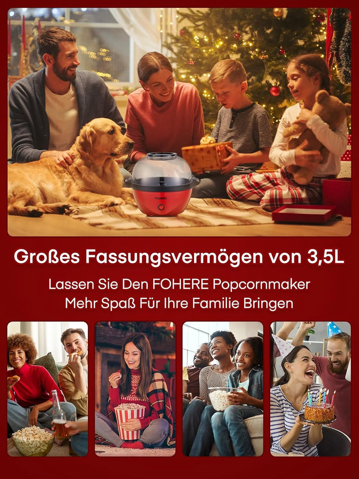 FOHERE Popcornmaschine, 3.5L Popcorn Maker für Zuhause, Elektrische Rühr Popcorn Popper mit Zucker &