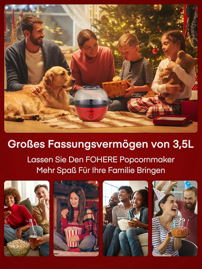 FOHERE Popcornmaschine, 3.5L Popcorn Maker für Zuhause, Elektrische Rühr Popcorn Popper mit Zucker &