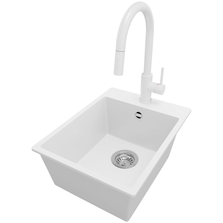 Spülbecken Weiss 38x50 cm, Granitspüle 1 Becken + Ablauf-Set + Küchenarmatur, Küchenspüle ab 40er Un