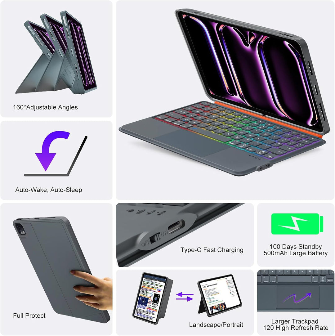 für iPad Pro 13 Zoll Hülle mit Tastatur (M5 2025, M4 2024), Magnetische Abnehmbare Hintergrundbeleuc