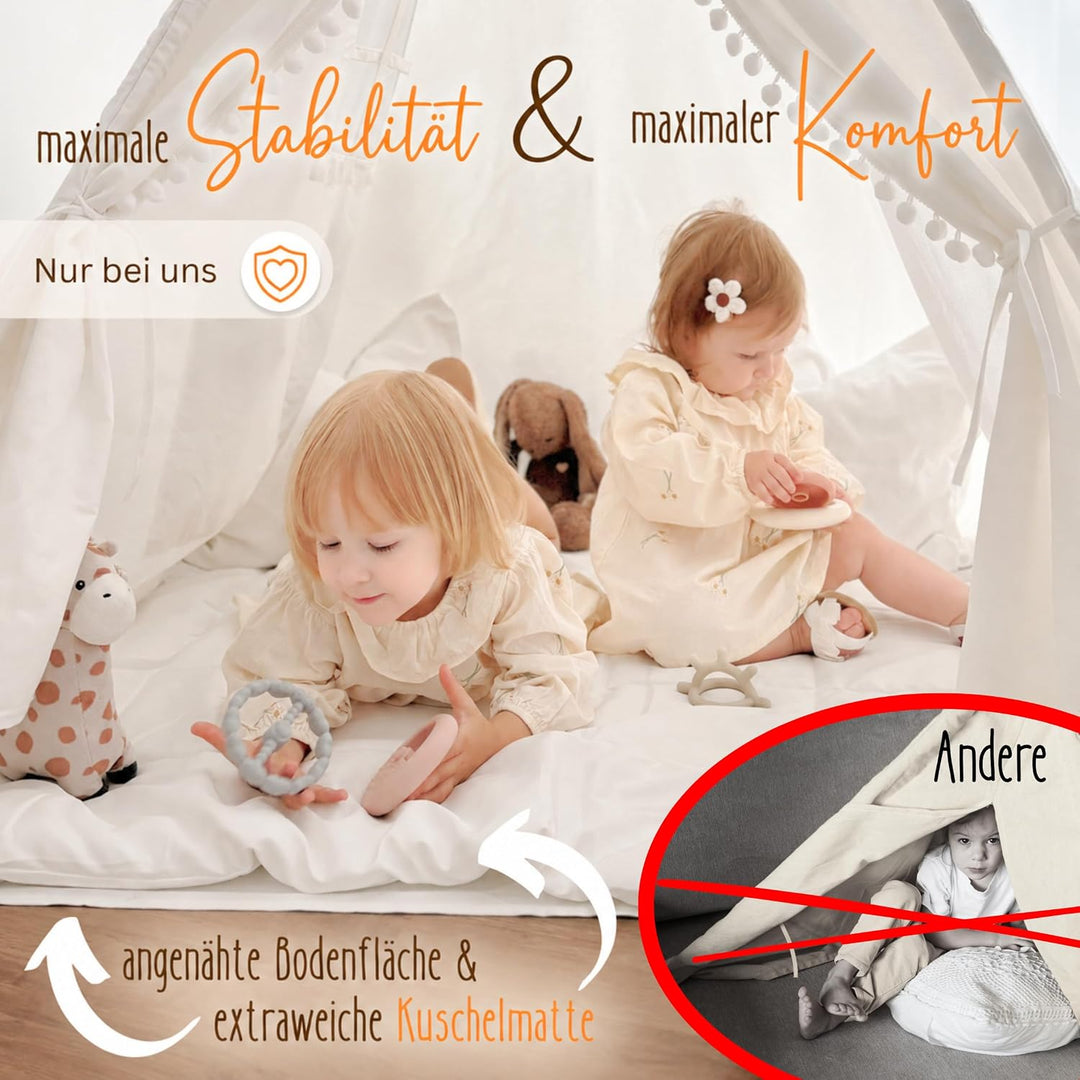 LIONHERZ® DAS ORIGINAL Tipi Zelt für Kinder aus 100% Baumwolle mit Federdeko, Kuschelmatte, Tragetas