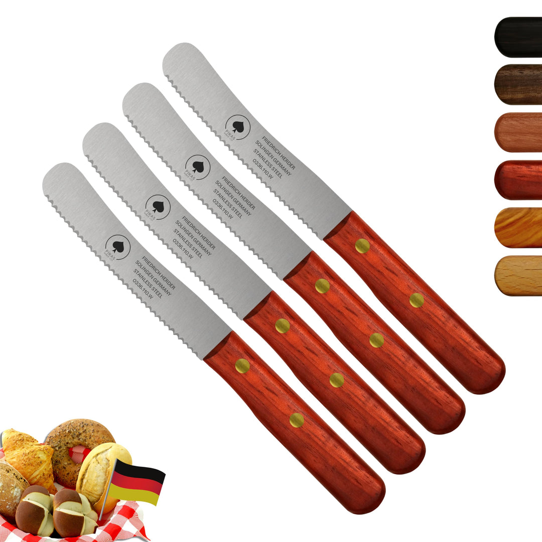 Solingen Messer, 4er Set Padouk Holzgriff, Wellenschliff, Premium Buckelmesser, Klinge rostfrei 11cm