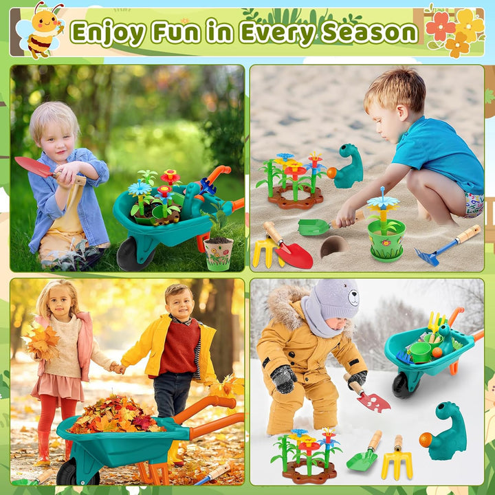 deAO Gartenset Kinder, Gartengeräte Spielzeug mit Schubkarre, Schaufel, Rechen, Blumentöpfe, Handsch