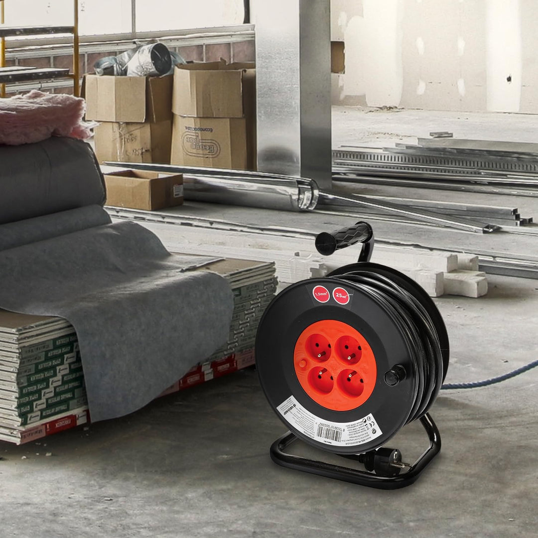 Velamp REEL-FR-25 Verlängerungskabel, elektrisch, 25 m, mit Kabelaufwicklung, 4 Steckdosen, 16 A, Qu