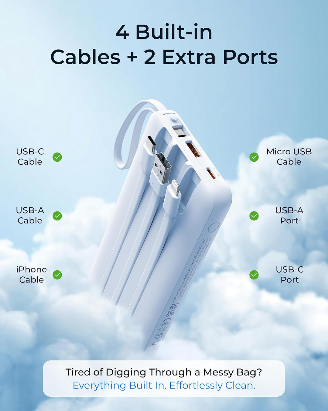 VRURC Powerbank 20000mAh mit Kabel USB C Power Bank Schnelles Aufladen 22.5W Tragbares Ladegerät Fas