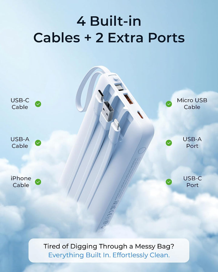 VRURC Powerbank 20000mAh mit Kabel USB C Power Bank Schnelles Aufladen 22.5W Tragbares Ladegerät Fas