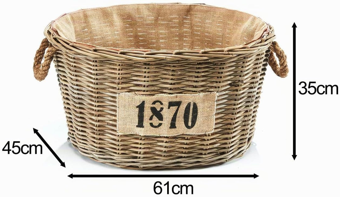 Kobolo Holztrage Holzkorb für Kaminholz oval - Rattan grau - mit Jutestoff ausgestattet - 1870